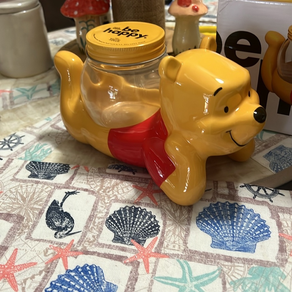 NEW Disney Winnie the Pooh Yellow and Red Honey cookie and treat jar.